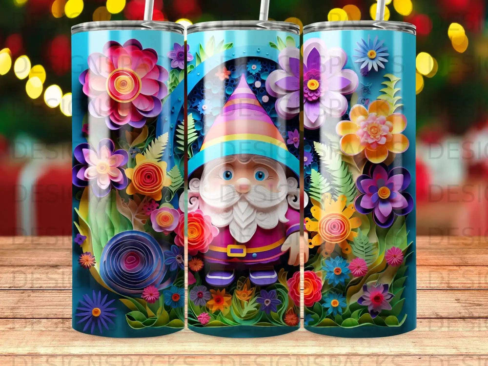 Gnome wearing colorful hat surrounded by bright paper flowers and plants.