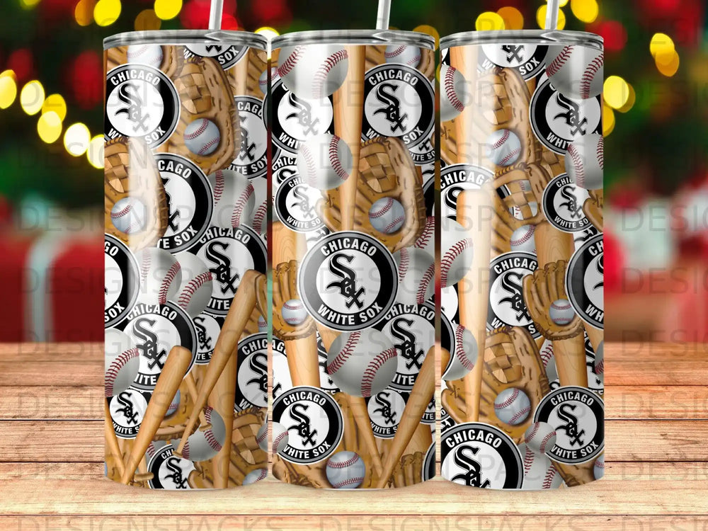 Chicago White Sox baseball-themed tumbler with bats, gloves, and baseballs.