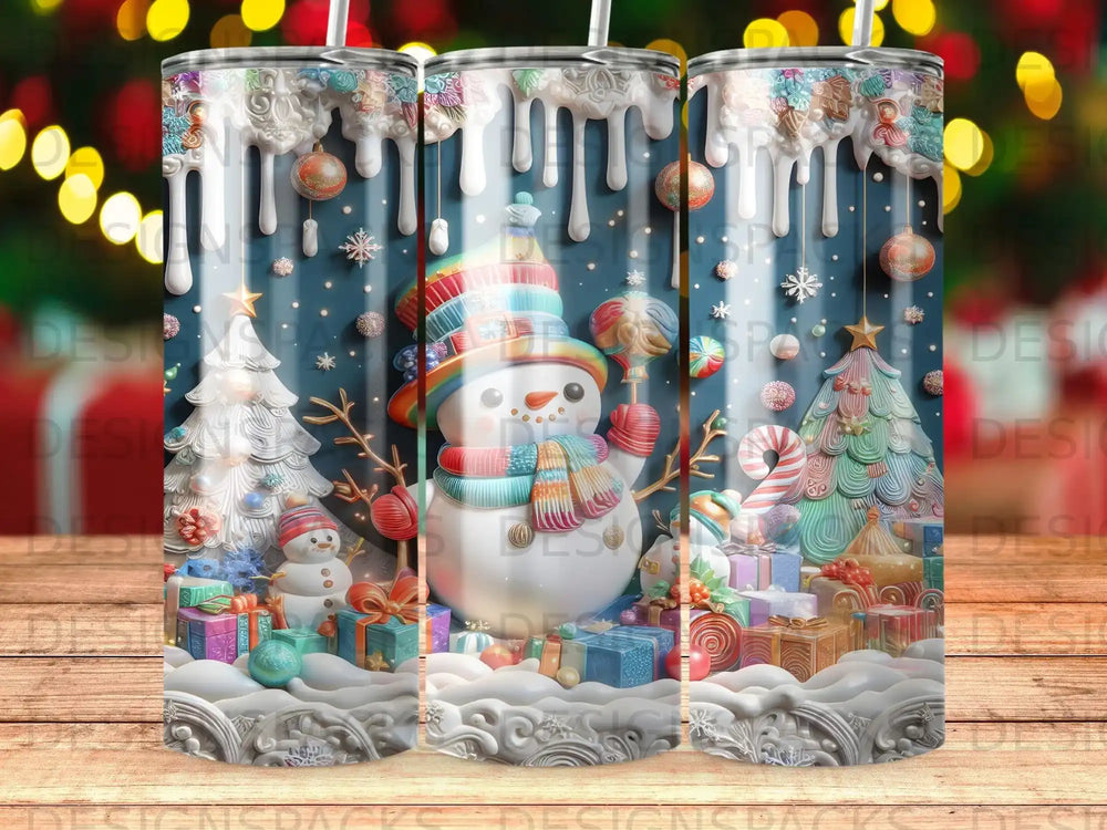 Snowman with lollipop, gifts, and Christmas tree on snow.