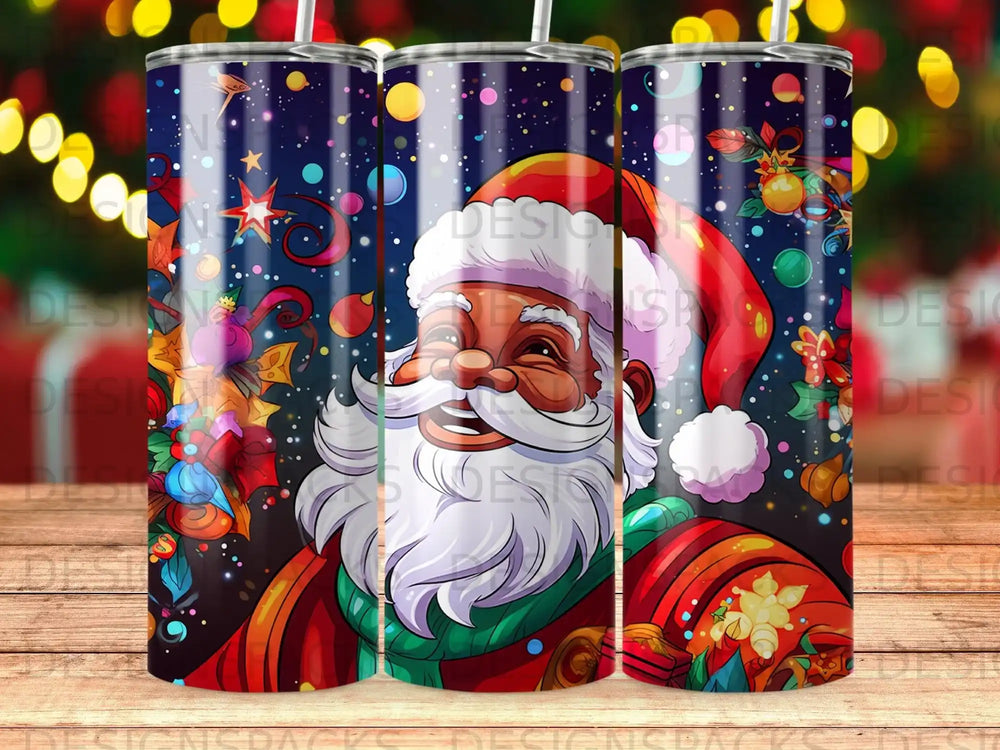 Santa Claus with festive Christmas decorations and glowing bokeh lights.