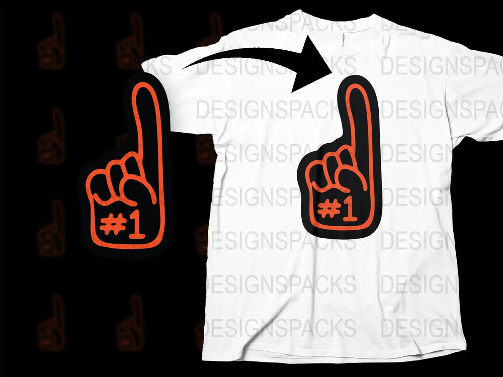 White Graphic T-Shirt with Orange Foam Finger Design, Unisex Sports Fan Tee, Casual Number One Finger Print Shirt