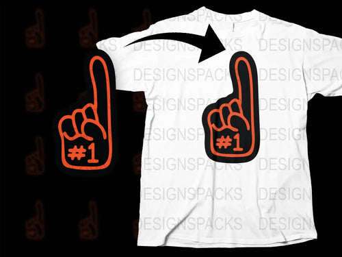 White Graphic T-Shirt with Orange Foam Finger Design, Unisex Sports Fan Tee, Casual Number One Finger Print Shirt