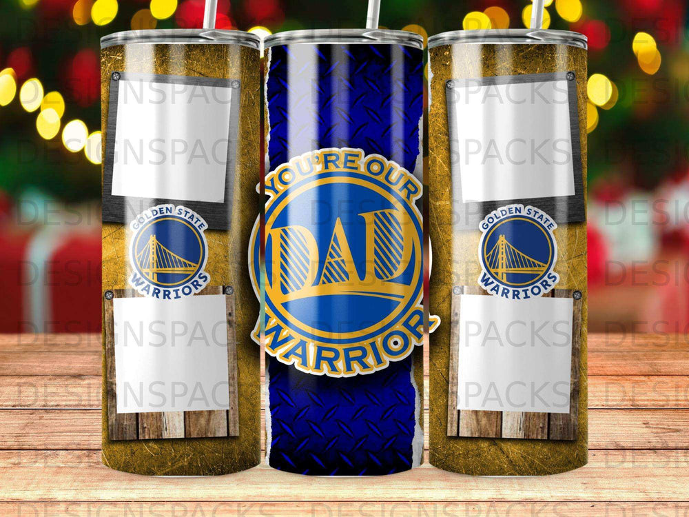 Golden State Warriors dad tumbler with blue diamond plate design.