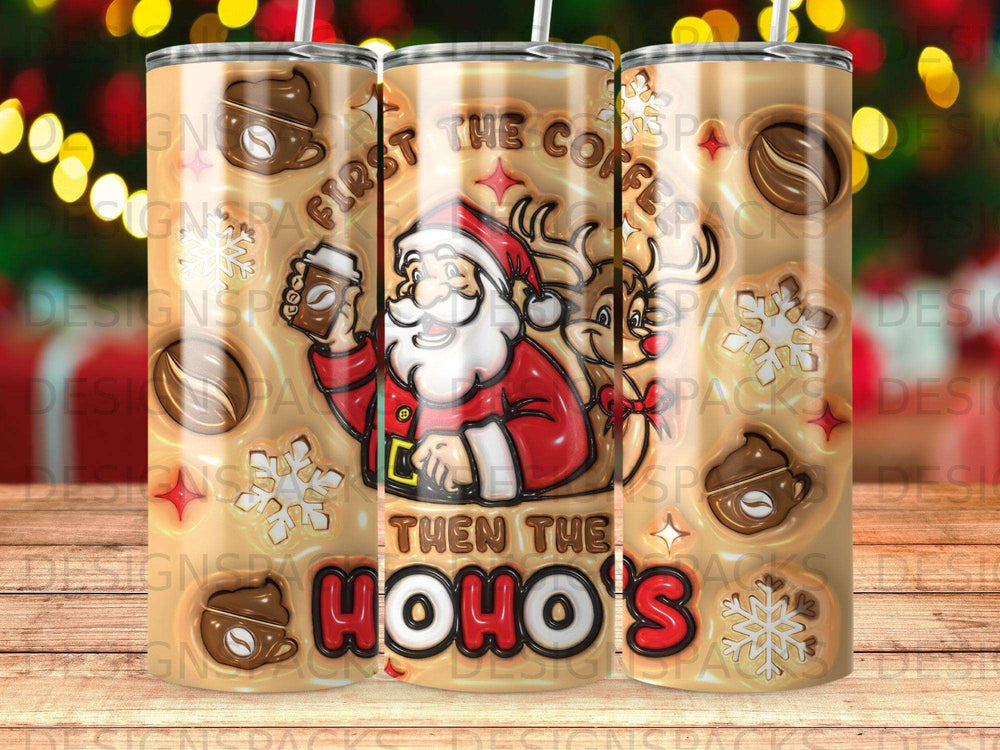 Santa and reindeer on a tumbler with "First the coffee, then the HO HO HO's" text.