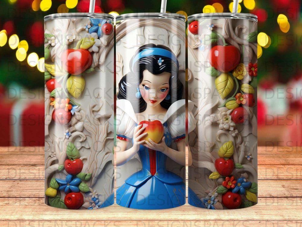 Snow White character holding an apple with a whimsical forest background.