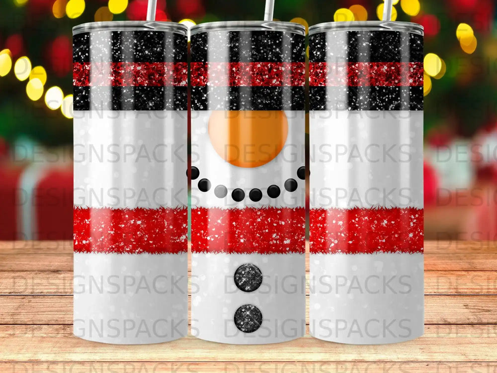 Snowman tumbler with red and black glitter stripes.