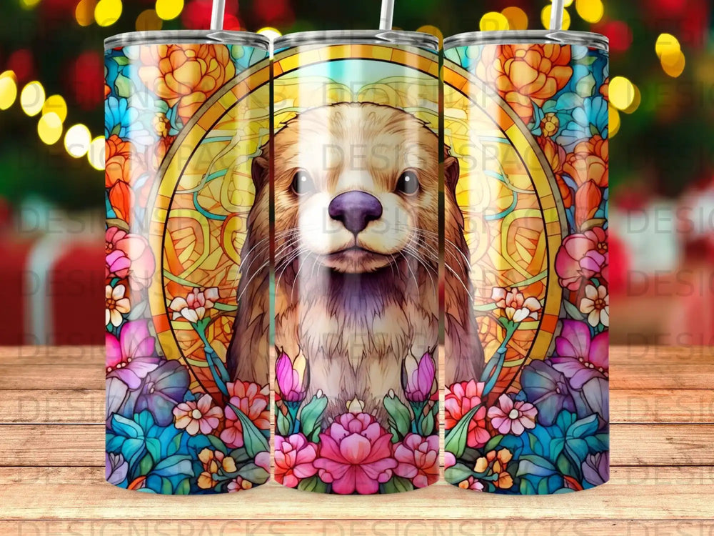 Otter with stained glass and floral border.