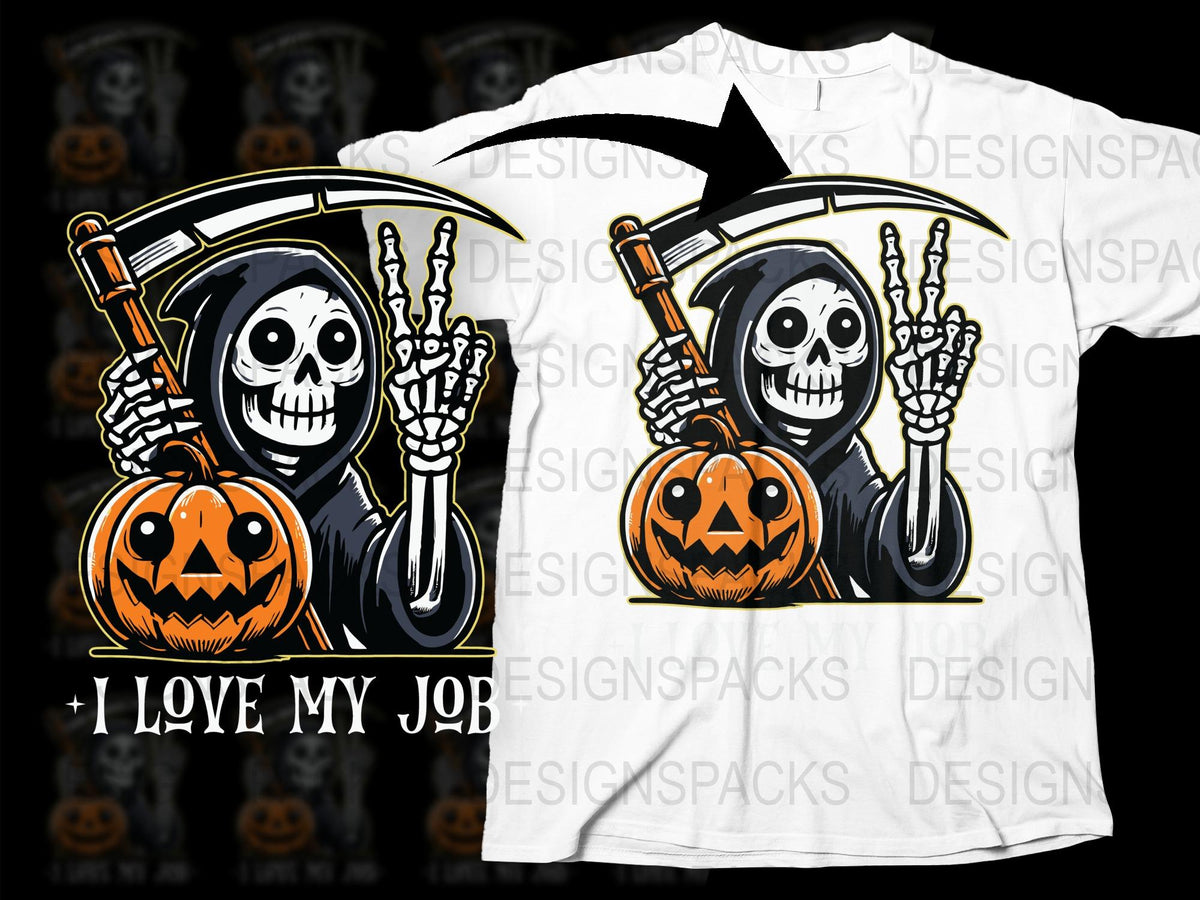 Halloween Skeleton Reaper Pumpkin T-Shirt, Spooky Graphic Tee, Skeleton Love My Job Shirt, Casual Fall Fashion Top