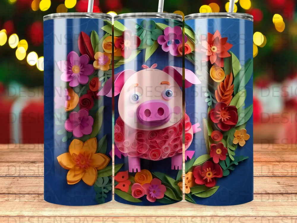 Pink pig in a floral wreath on a blue speckled background.