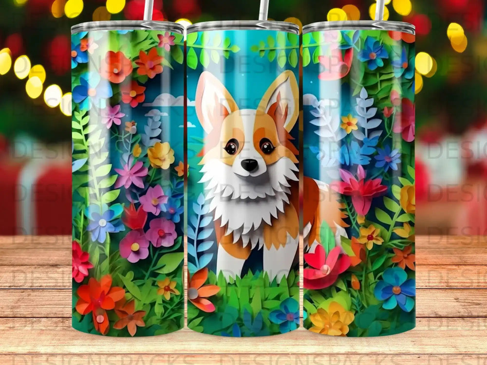 Corgi dog surrounded by colorful flowers and greenery.