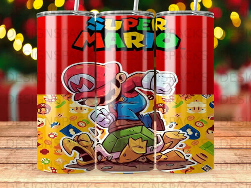 Super Mario character jumping on a turtle, with yellow background and red stripes.