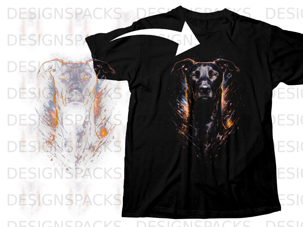 Black t-shirt featuring a vibrant, abstract portrait of a black dog.