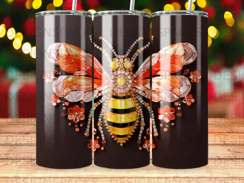 Jeweled bumblebee with wings and floral accents on a dark background.