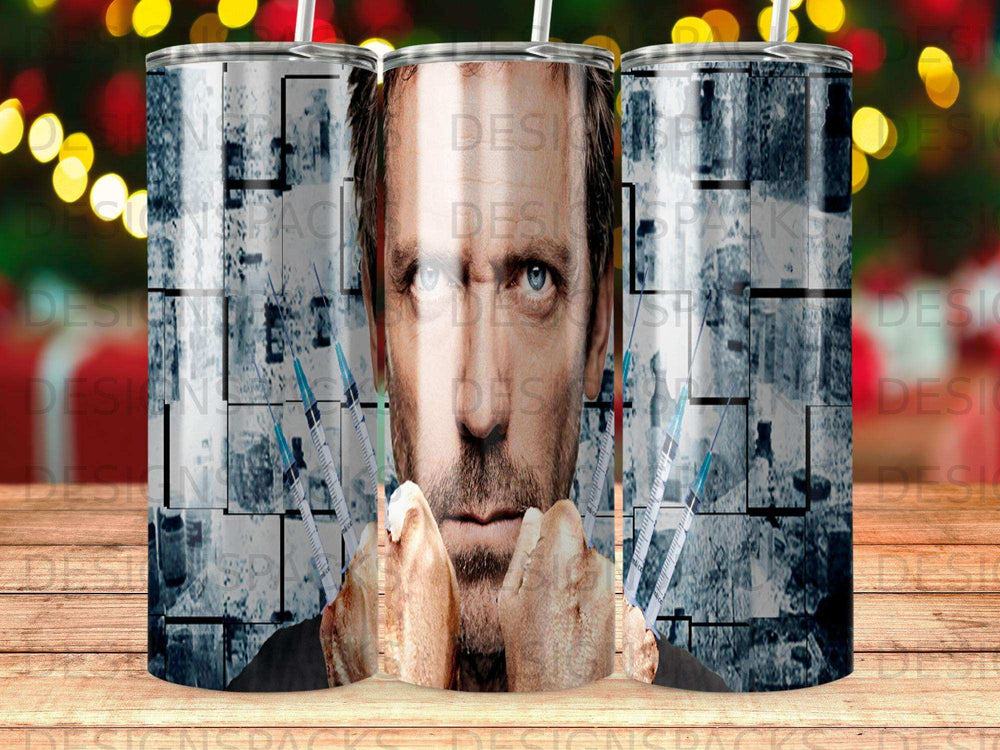 Hugh Laurie as Dr. House with syringes in a blurry medical background.