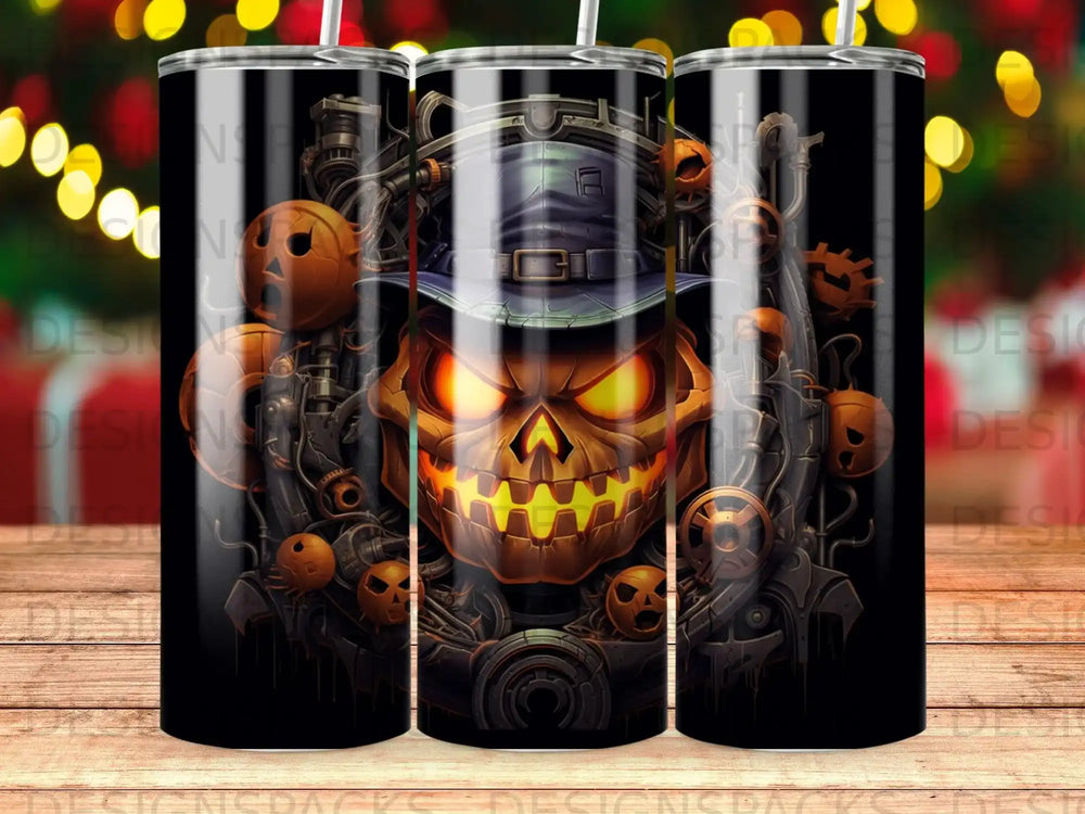Halloween tumbler with jack-o'-lantern, gears, and top hat.