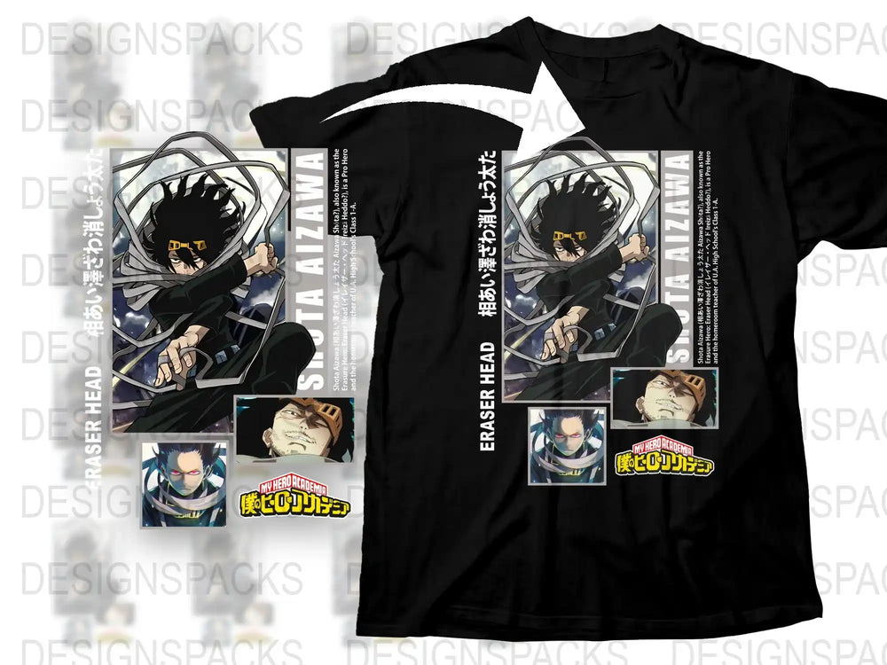 Anime Inspired Black T-Shirt, Eraserhead Graphic Tee, Manga Character Print, Casual Unisex Clothing