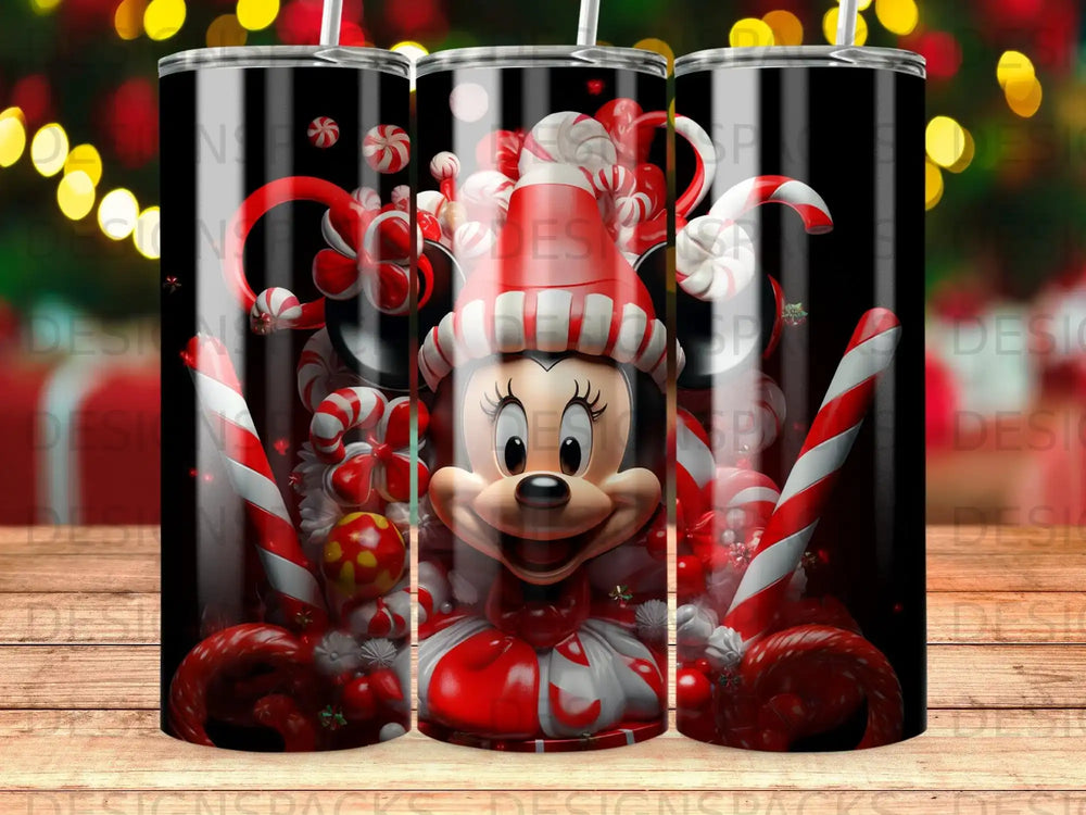 Minnie Mouse in festive candy cane and red bow-themed holiday decorations.
