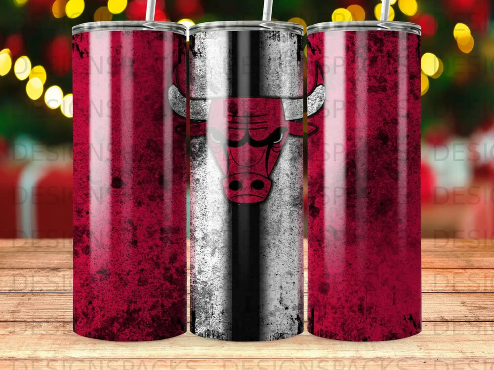 Chicago Bulls logo on a distressed red and white striped tumbler.