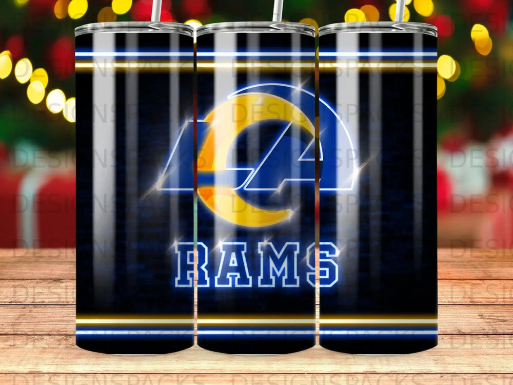 Los Angeles Rams logo with "RAMS" text on a dark, striped background.