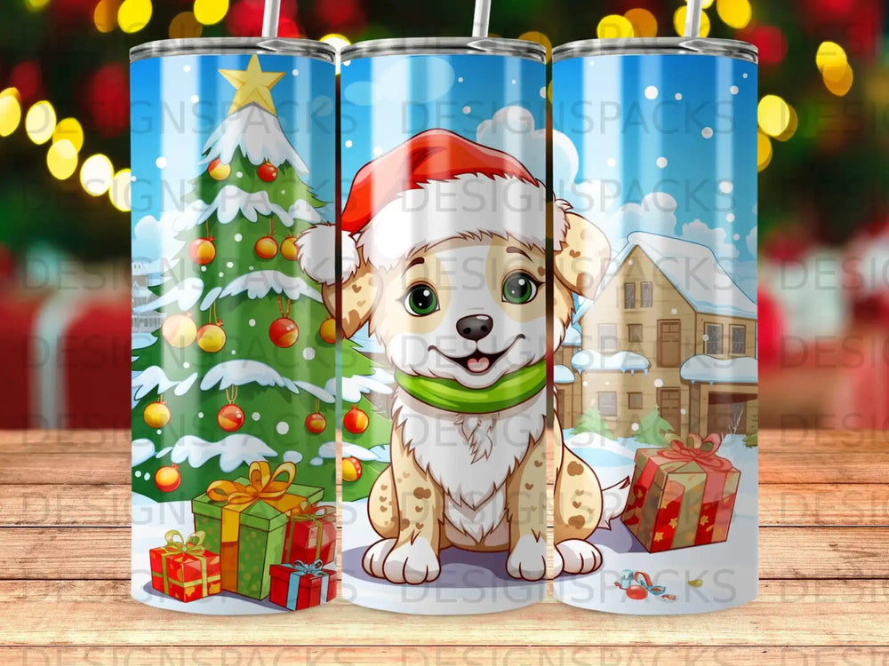Dog in Santa hat with Christmas tree, gifts, and house.