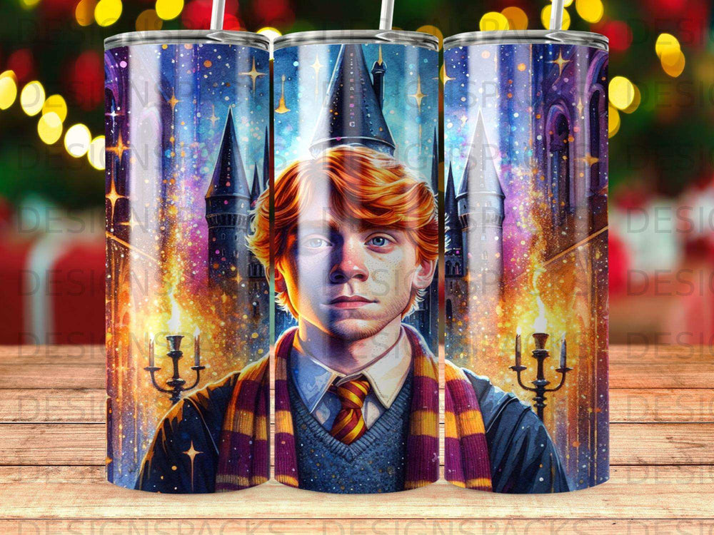 Ron Weasley from Harry Potter in front of Hogwarts castle with starry sky.
