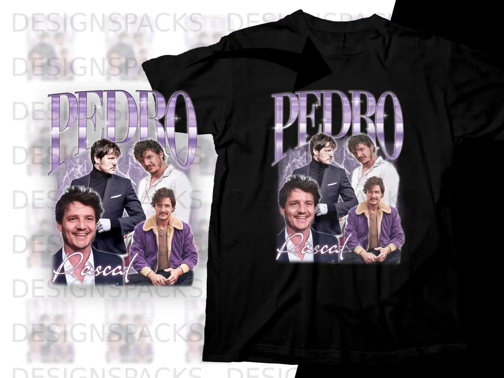 Black t-shirt with collage of Pedro Pascal images and "Pascal" text.