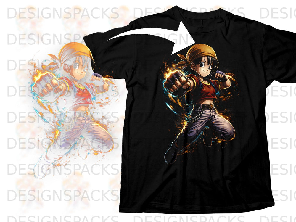 Anime character Pan with orange bandana on black t-shirt.