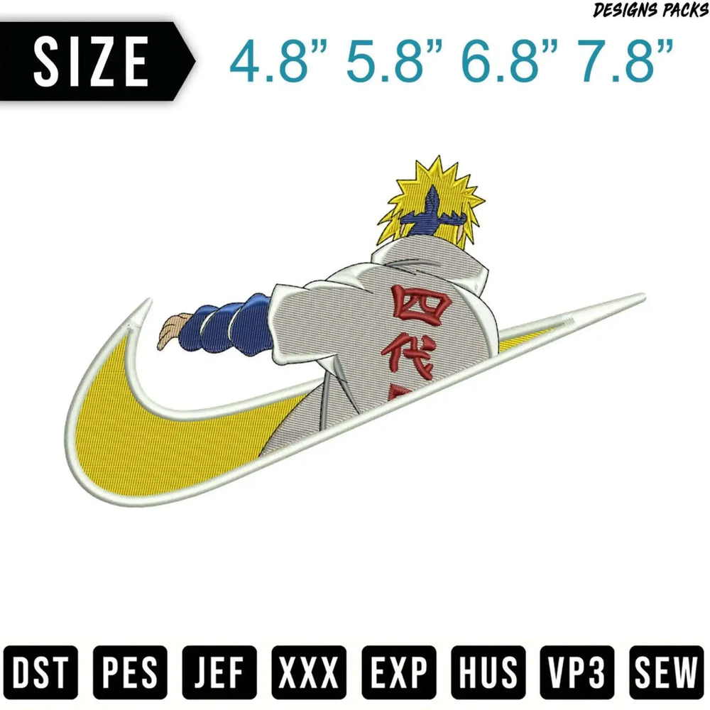 Embroidered Naruto Hokage logo with size options and file formats.