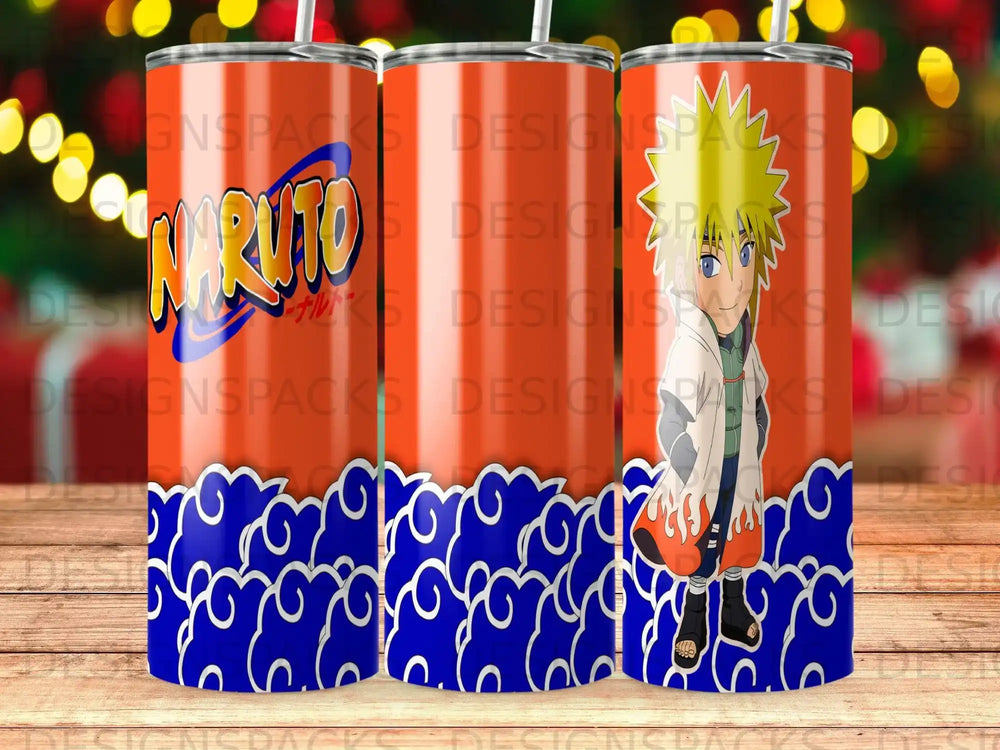 Naruto Uzumaki with orange and blue swirly pattern tumbler.