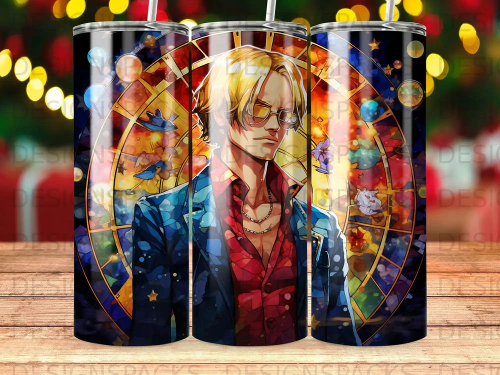 Anime character with blonde hair and sunglasses, vibrant stained-glass background.