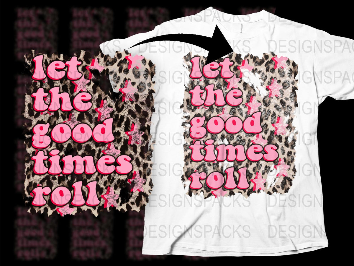 Let the Good Times Roll T-Shirt, Leopard Print Heart Graphic, Pink Text, Women's Fashion Tee