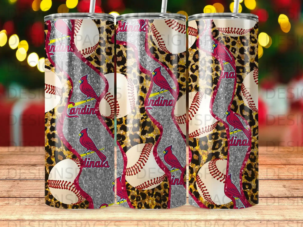 Tumbler with baseballs, cardinals, and leopard print pattern.