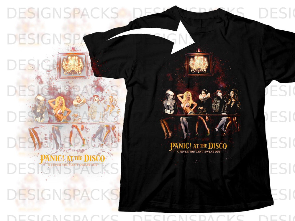 Black t-shirt featuring Panic! At The Disco artwork with band members and text.