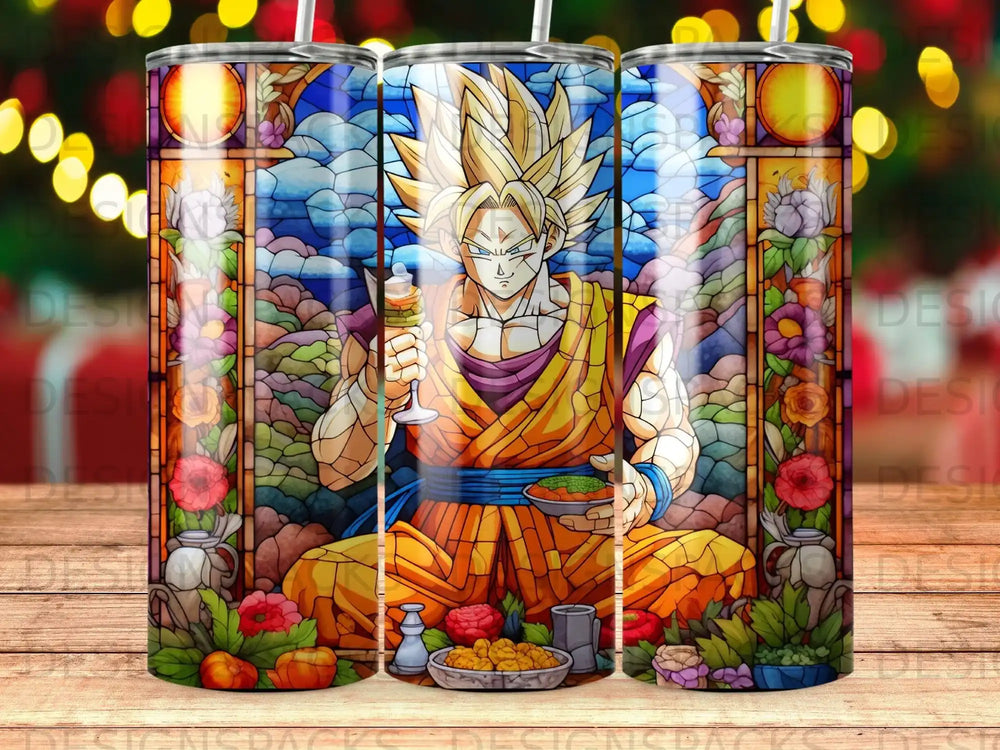 Goku in stained glass style holding a drink and food, surrounded by flowers and stained glass patterns.