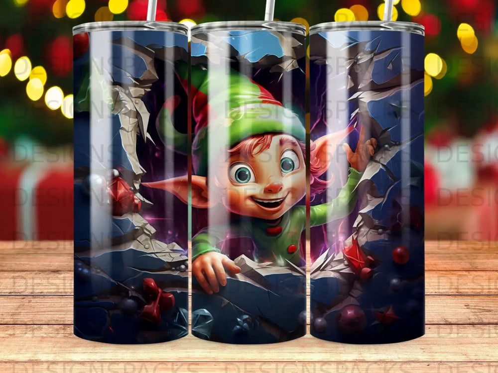 Smiling cartoon elf in green hat and costume peeking through cracked ice.