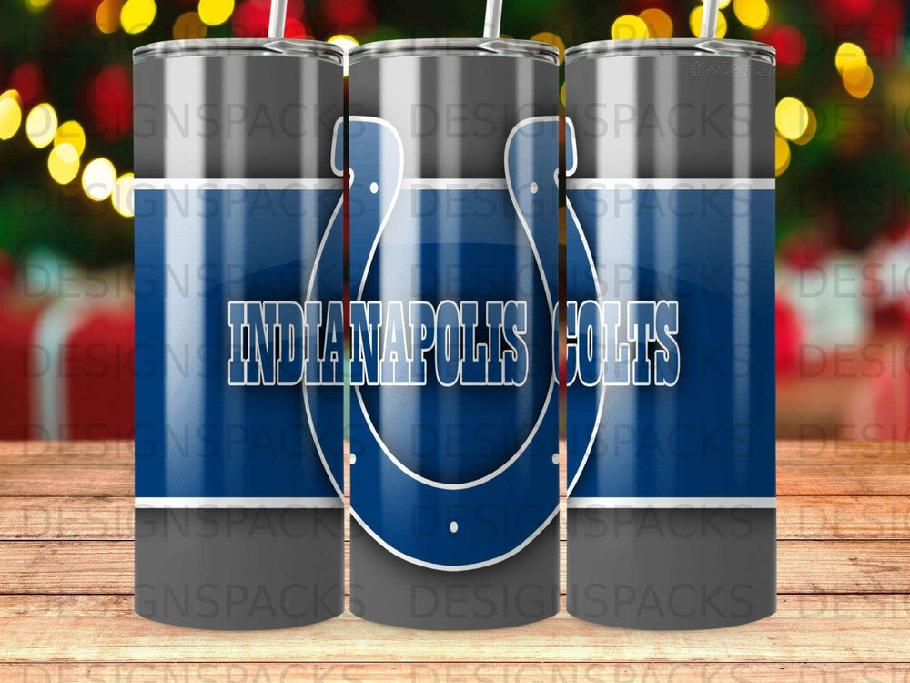 Indianapolis Colts logo on a navy blue and gray tumbler with white accents.