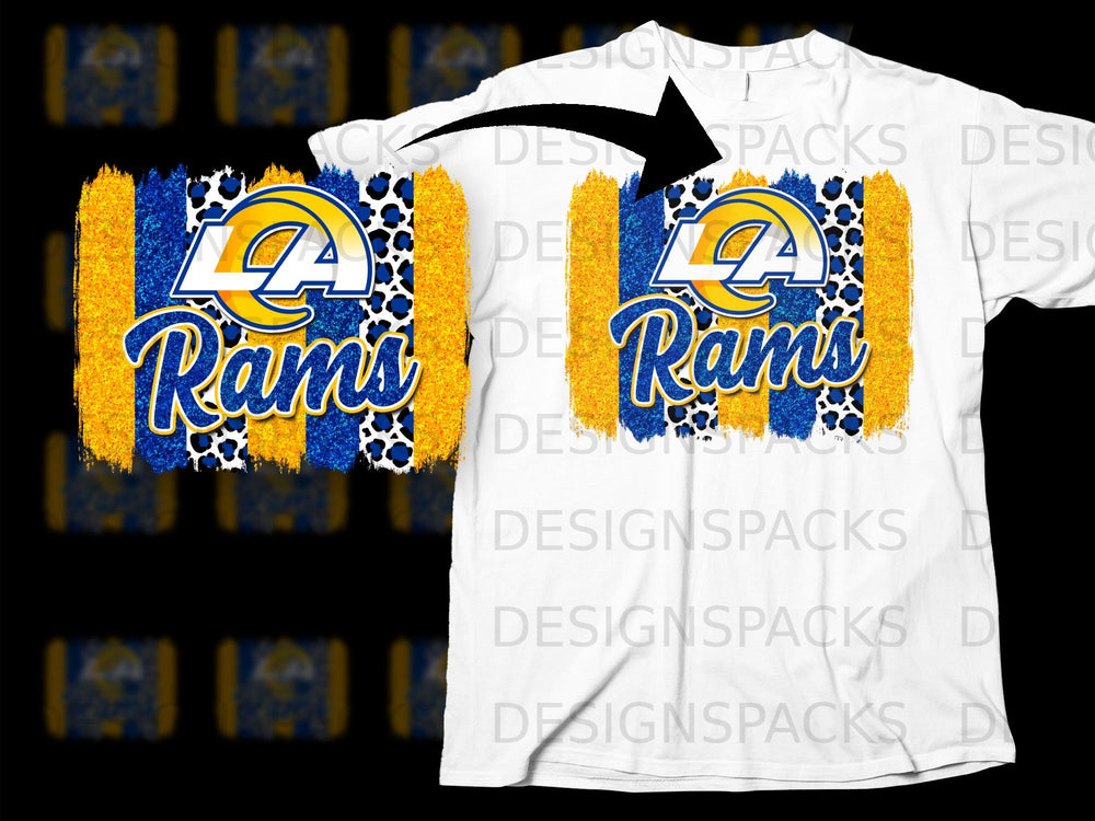 Los Angeles Rams logo and "Rams" text on a background of blue, gold, and leopard print.