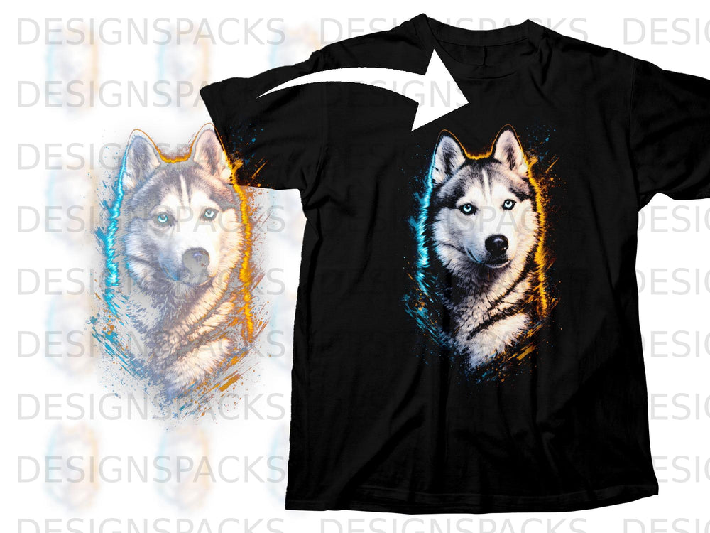 Black t-shirt featuring a graphic of a husky's face with vibrant paint splatters.