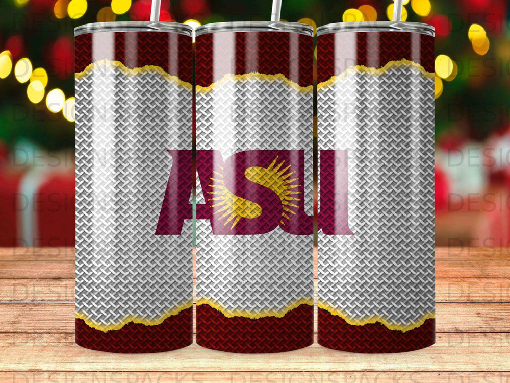 ASU tumbler with maroon and gold diamond pattern and textured background.