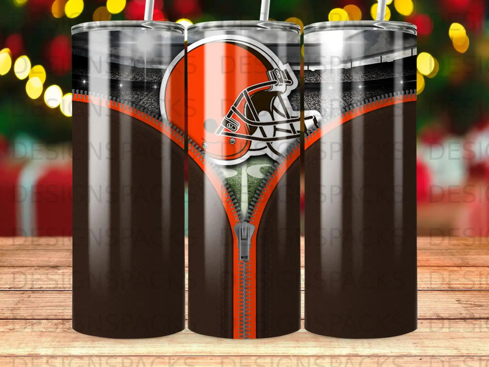 Cleveland Browns helmet and stadium design on a zippered tumbler.