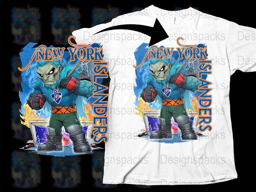 New York Islanders Hockey Team T-Shirt, Cartoon Monster Graphic, Youth and Adult Sizes