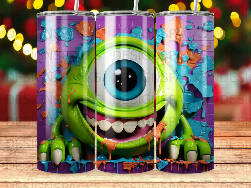 Green monster with big eye and wide smile on purple background.