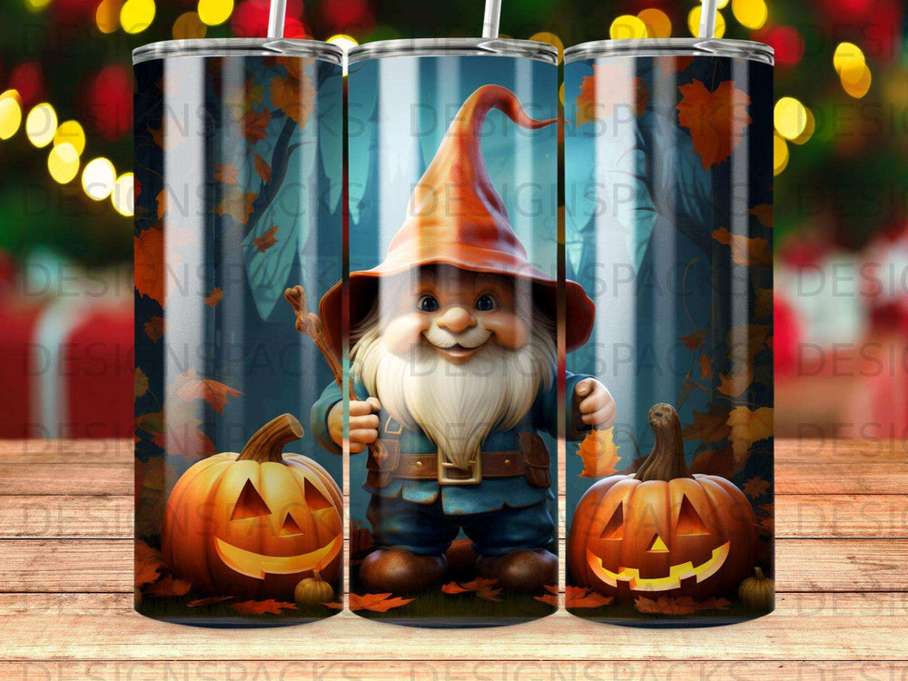 Gnome with pumpkins and autumn leaves on a tumbler.
