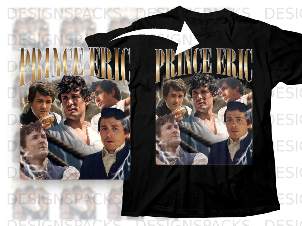 Black t-shirt graphic with "PRINCE ERIC" text and montage of four men.
