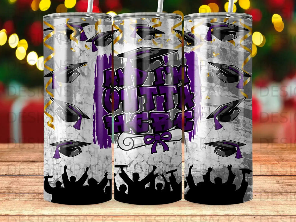 Graduation-themed tumbler with mortarboards, diploma, and cheering crowd silhouette.