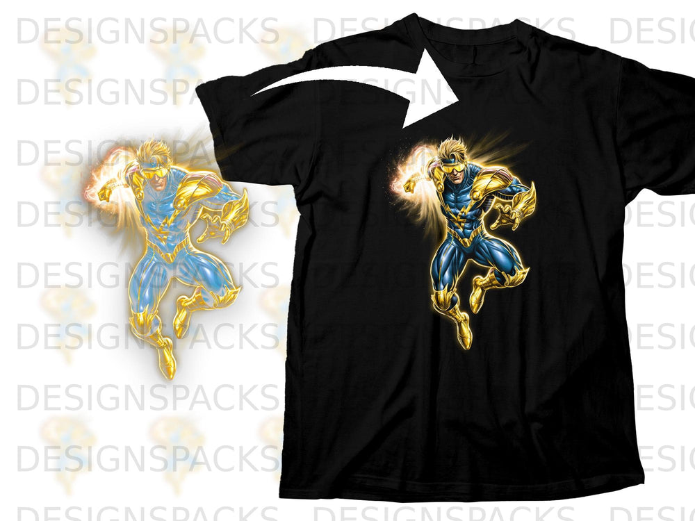 Black t-shirt with a blue and gold superhero graphic in dynamic pose.