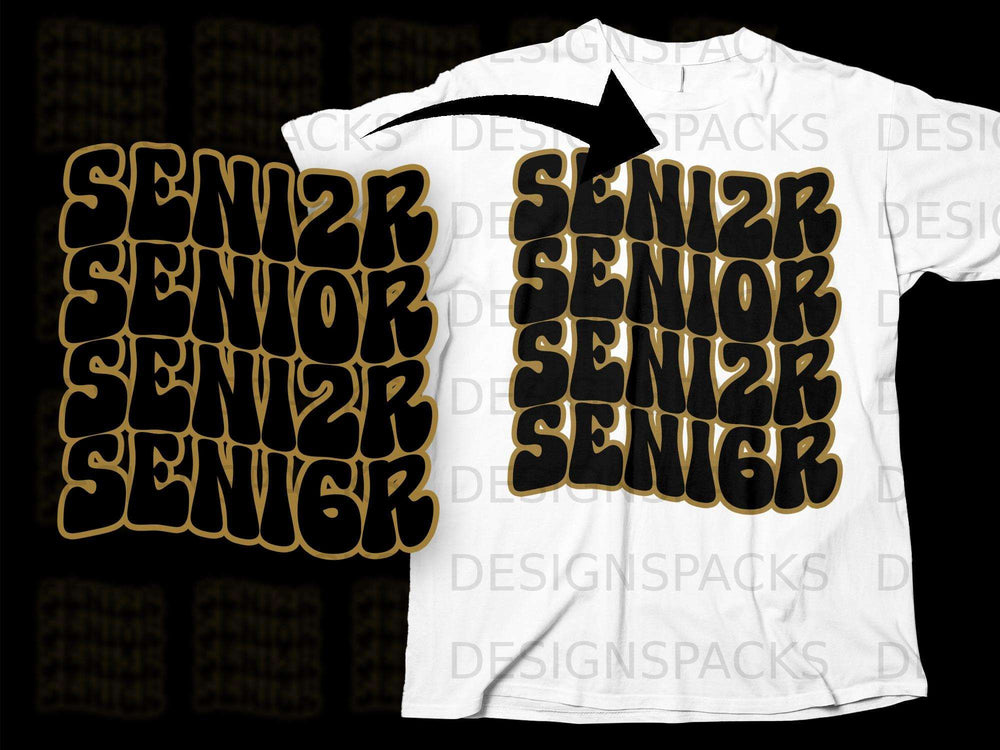 Black and gold "Senior" text stacked on a white t-shirt mockup.
