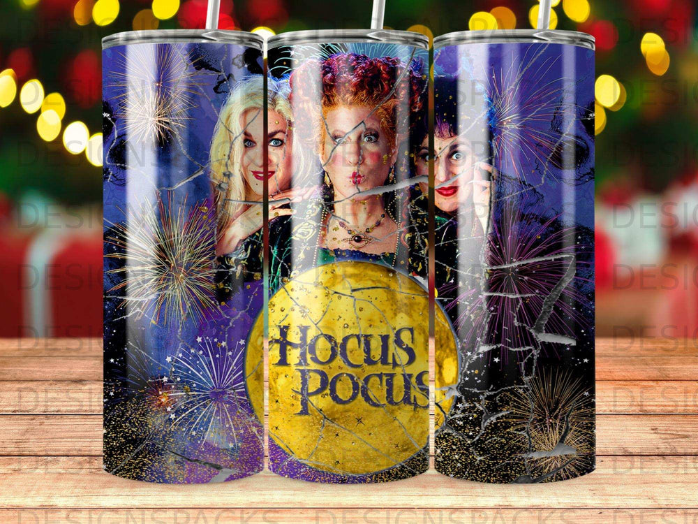 Hocus Pocus Sanderson sisters in front of fireworks, yellow moon with logo.