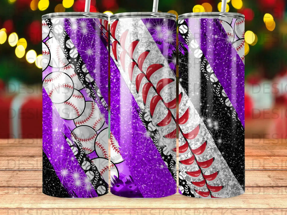 Tumbler with purple, black, and white baseball-themed design.
