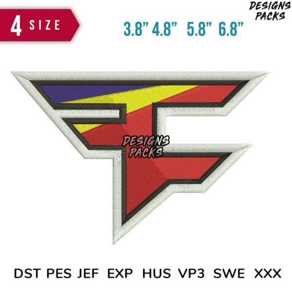 Embroidery design of stylized F logo in red, yellow, purple with 4 sizes, PES DST formats